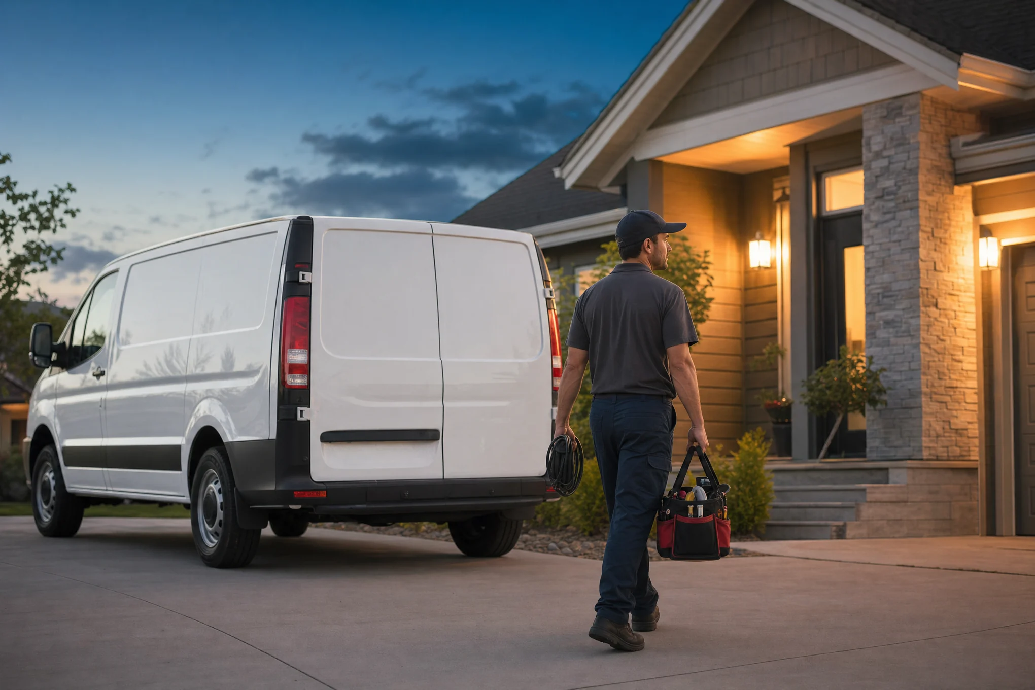 A technician arriving at a customer's house at dusk