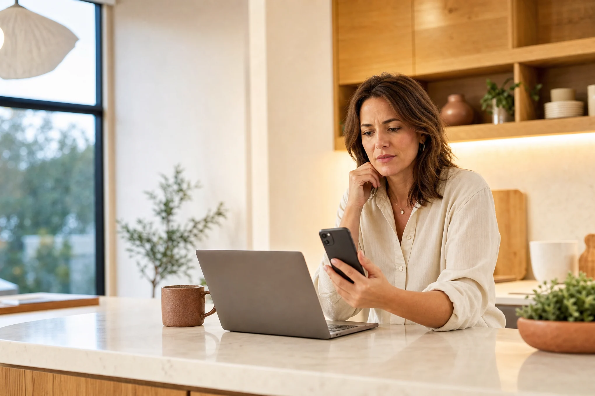 A homeowner booking a repair on her phone at the kitchen counter