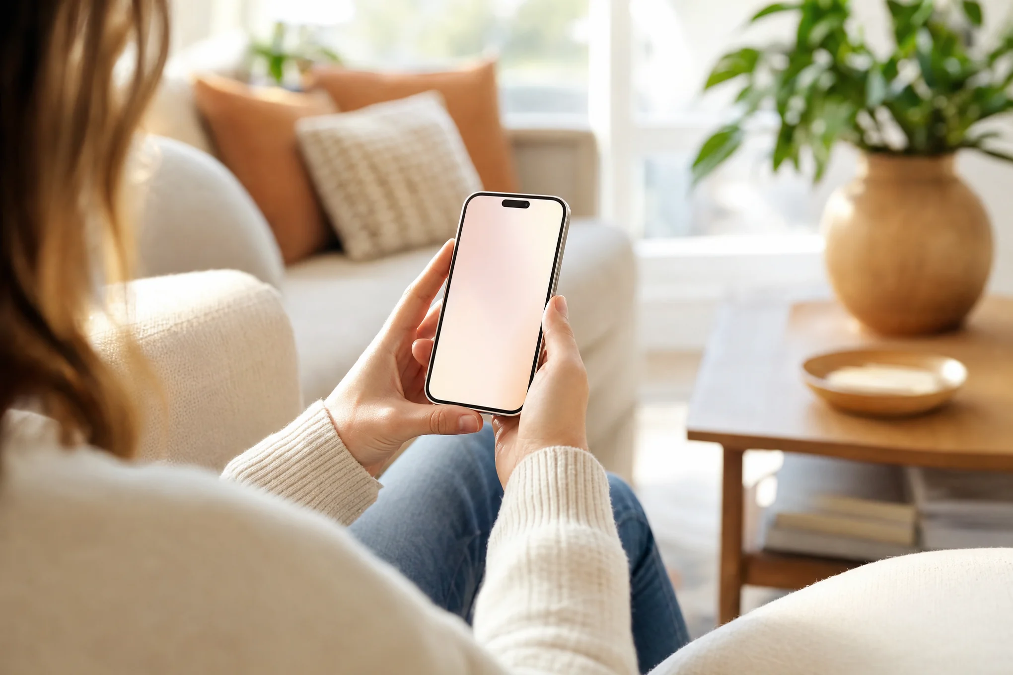 A homeowner on her sofa booking a repair on her phone