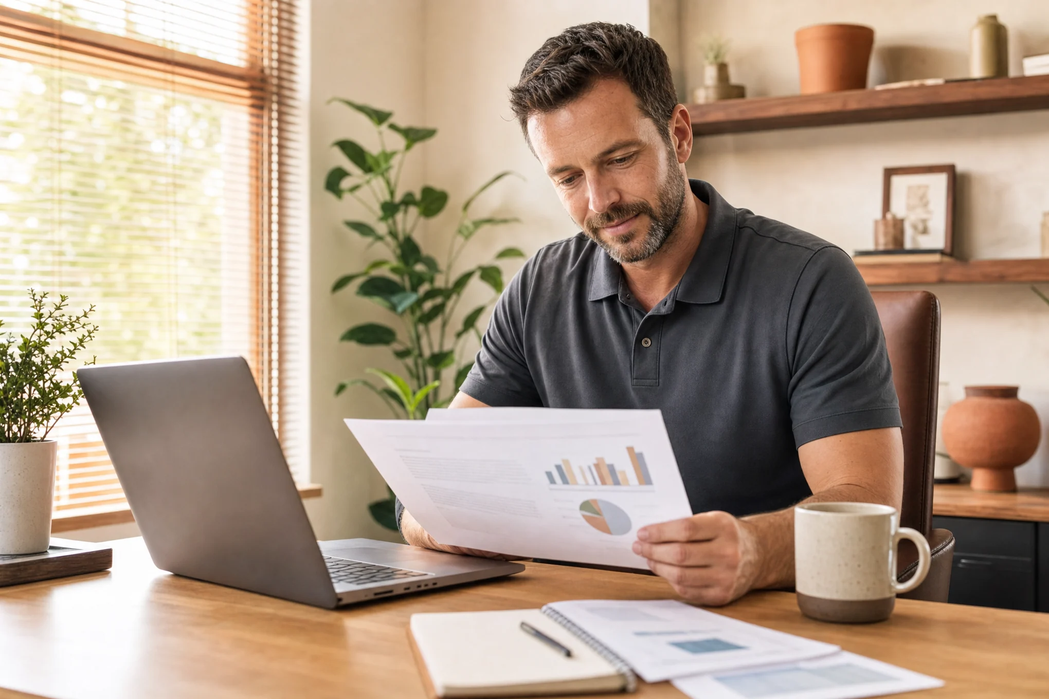An owner reading a printed report at his desk