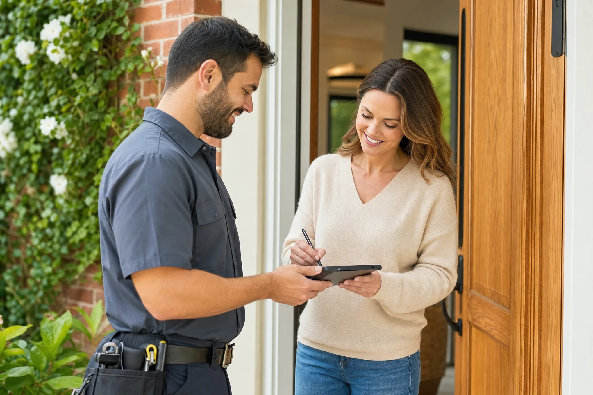A technician at a homeowner's front door, going over the job with her on a tablet