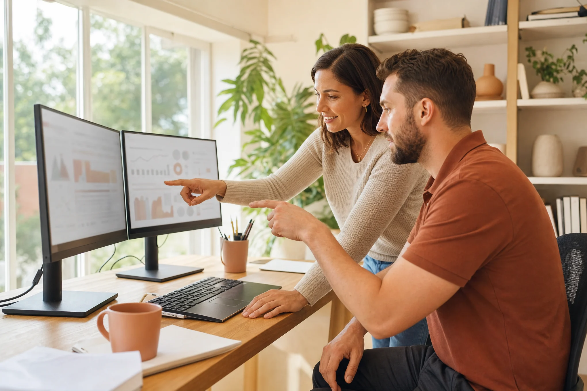 An office manager and an owner reviewing results at a desk