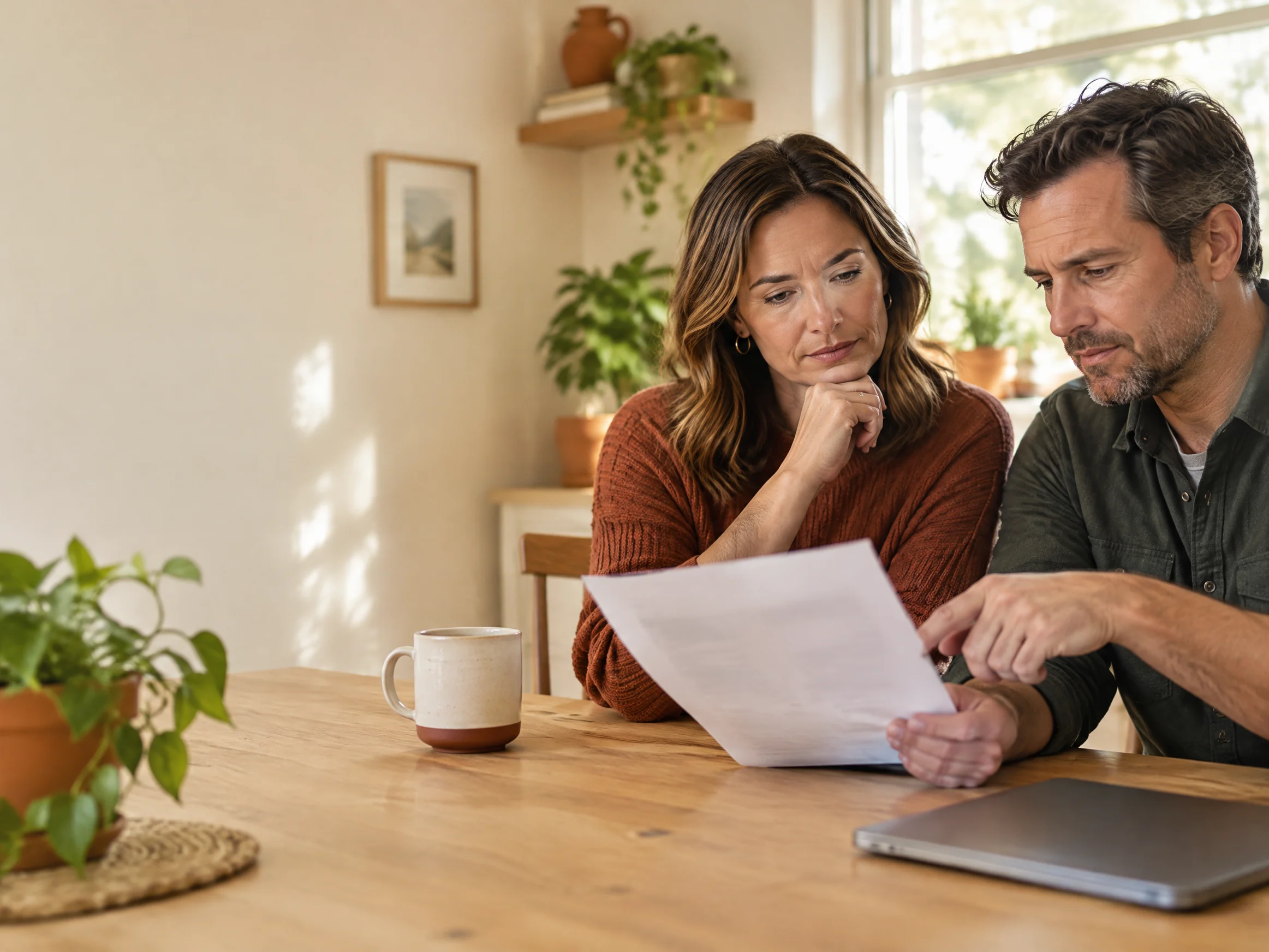 A couple reading over a replacement quote at their kitchen table